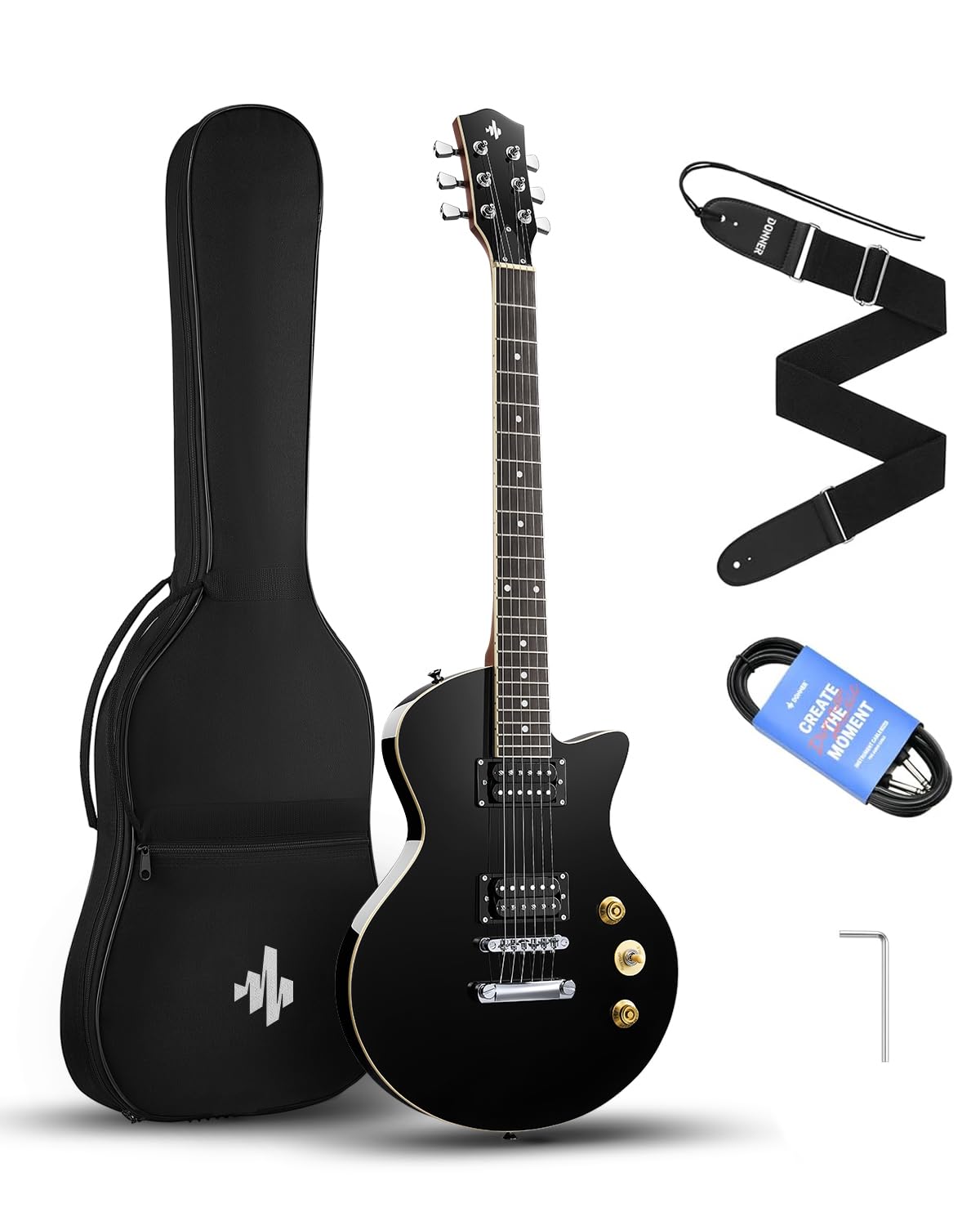 Donner DSC-128 Electric Guitar, 39" Solid Body H-H Pickup Beginner Full Size Kit with Bag, Strap & Cable, Black