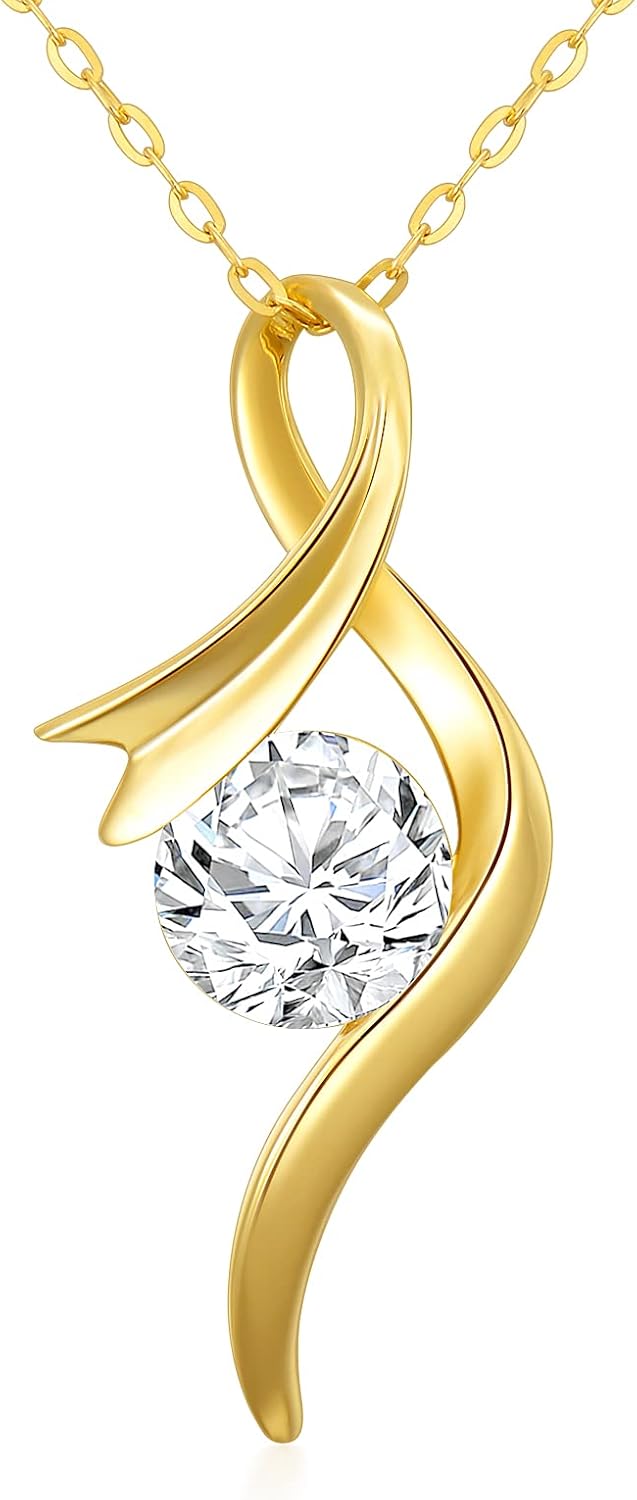 SISGEM 14K Real Gold 1 Carat Round-Cut Moissanite Necklace for Women,Yellow Gold Infinity/Heart Pendant Ribbon Necklaces Birthday Gifts for Wife Girlfriend 16''-18''