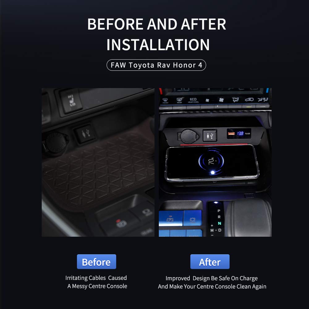 Soporte de cargador inalámbrico de coche para Toyota RAV4 2019-2025, QC 3.0 carga rápida compatible con iPhone, Samsung, Qi WPC Qi 3.0 carga inalámbrica, 2 puertos USB de 36 W almohadilla de