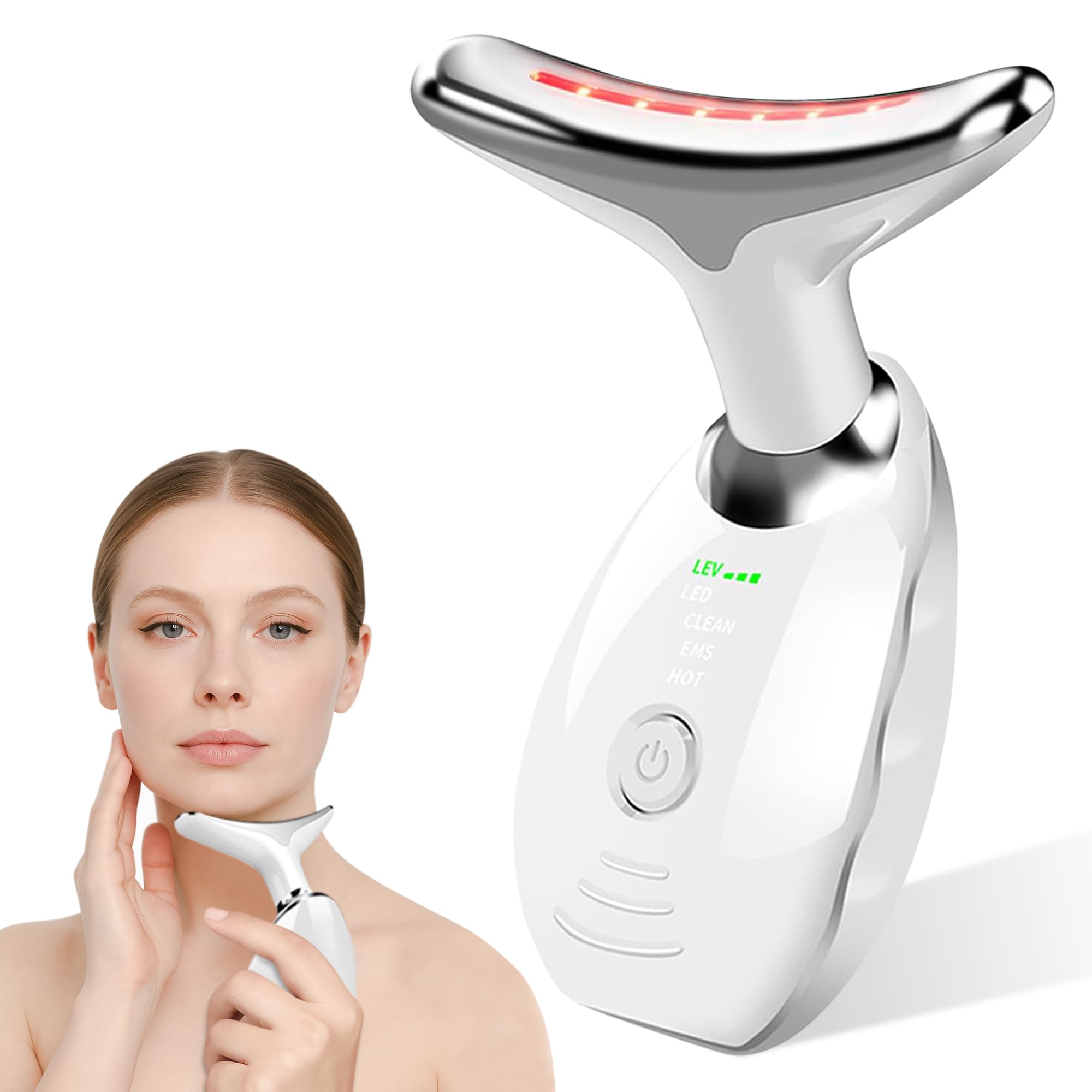 Massaggiatore Viso antirughe, Massaggiatore per la tonificazione e il rassodamento della pelle, terapia con luce rossa, EMS gua sha a 45°C, lifting viso e anti-età con 7 colori e 3 modalita led.