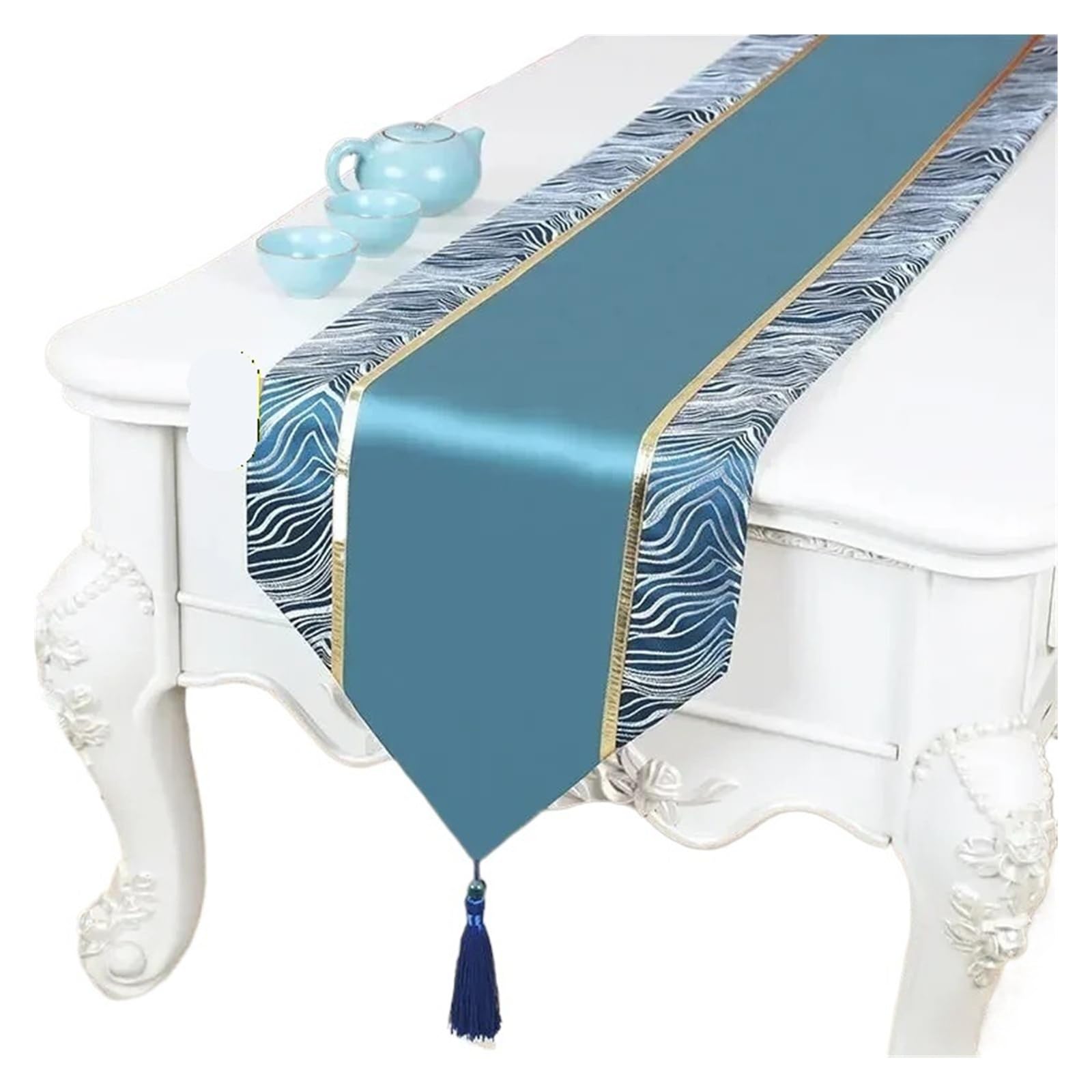 Satin Table Runners Golden Wave Pattern Table Flag European Satin Tassel Coffee Long Towel Cabinet Wedding Celebration Decorative Tablecloth(Color4,33x350cm 1pcs)