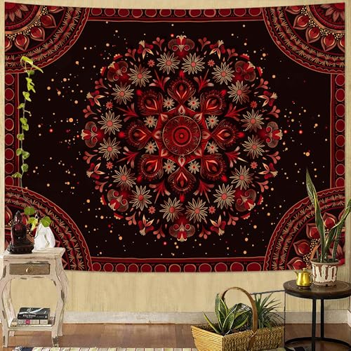 Accnicc Boho Mandala Tapestry Wall Hanging Hippie Bohemian Floral Flower Medallion Tapestry Aesthetic Small Vintage Black Red Indian Tapestries for Bedroom Living Room Dorm Decor 60 x 44 Inch