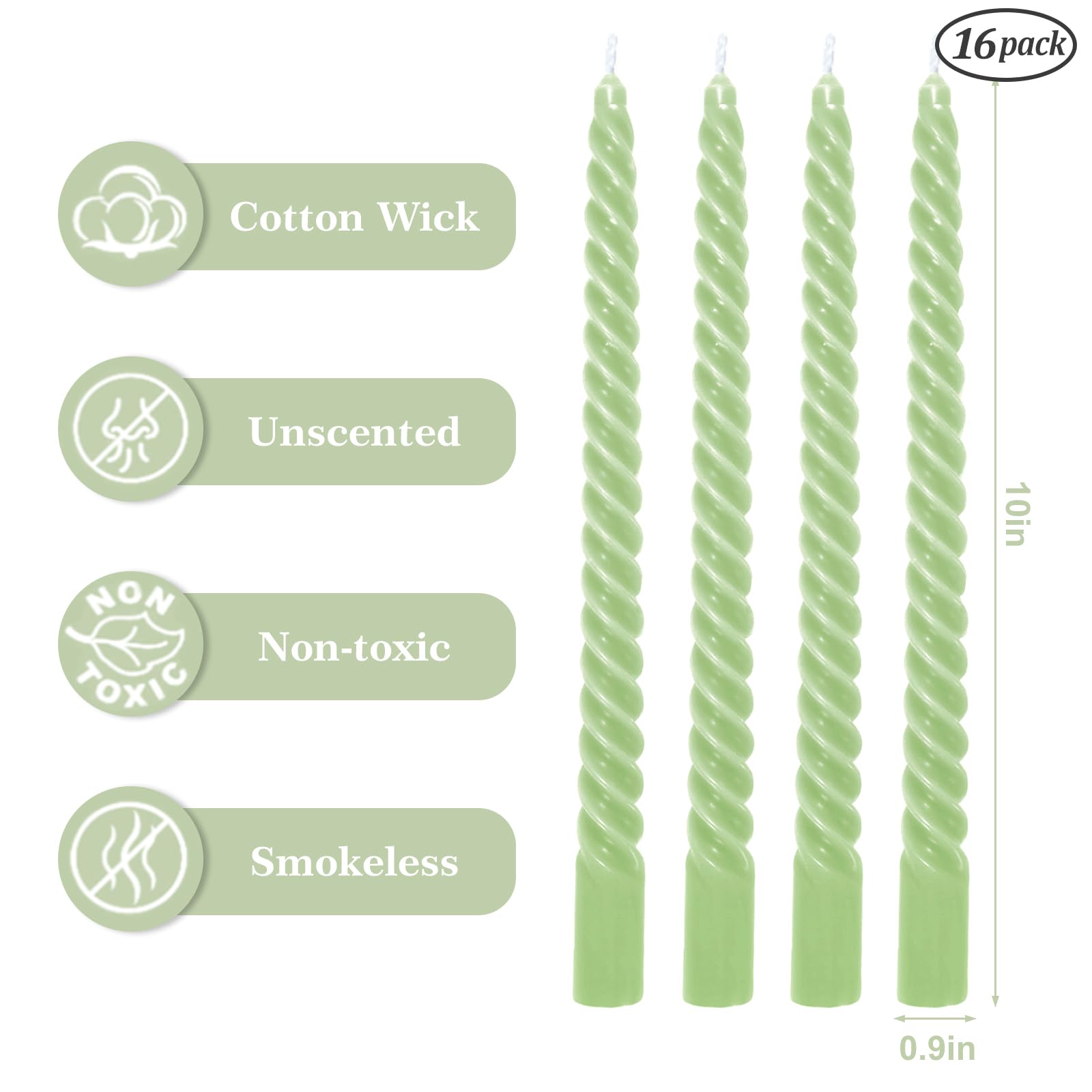 JarThenaAMCS 16Pcs Sage Green Spiral Taper Candles 10 Inch Dripless Twisted Wax Candles Long Unscented Candle Sticks for Party Home Dining Table Decor