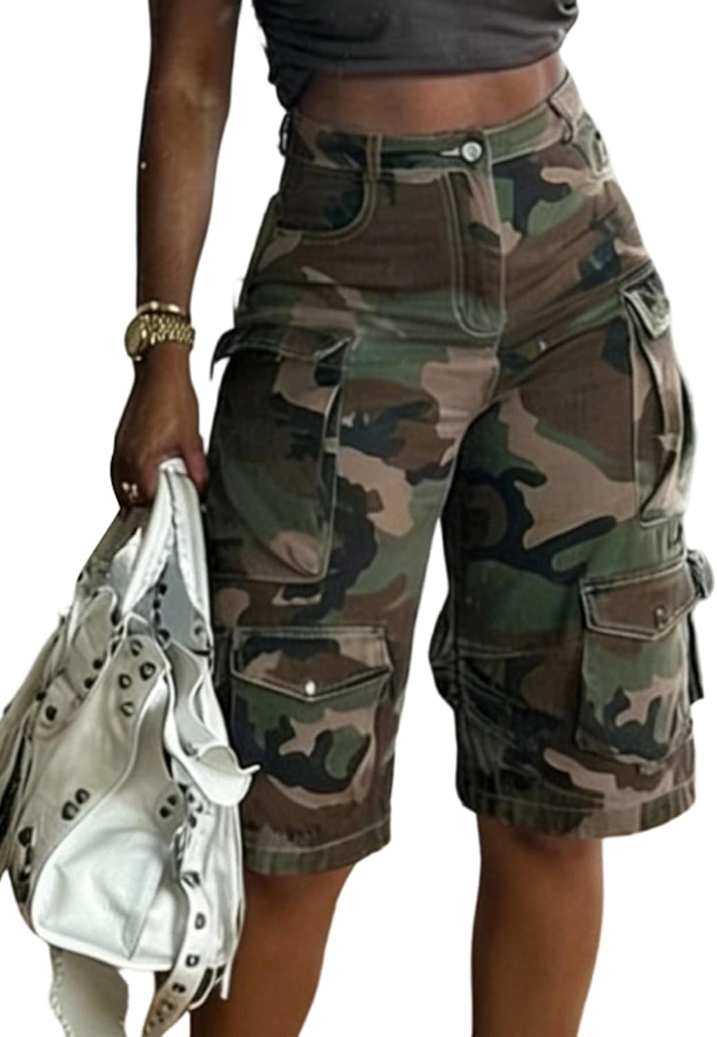 Unybwonn Women's Bermuda Jean Shorts High Waisted Cargo Long Denim Shorts Trendy Streetwear Baggy Jorts with Pockets