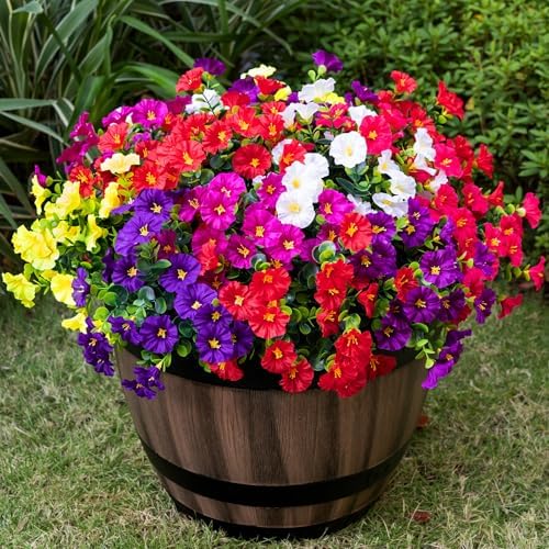 Nigirior Artificial Faux Flowers for Outdoor 16 Bundles Boxwood Fake Morning Glory for Planter,UV Resistant Fake Flowers for Home Porch Patio Outside（7 Color）