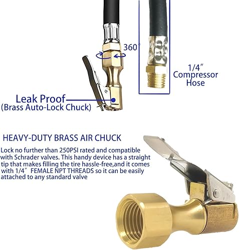 Miniatura 6 de YSIL Portabrocas de aire para neumáticos, mandril de aire de bloqueo recto de latón de flujo cerrado para inflador de neumáticos, manómetro de