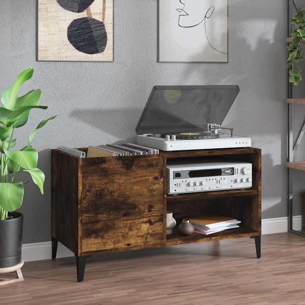 Hothingwell Szafka na płyty dębowa wędzona 84,5 x 38 x 48 cm z drewna inżynieryjnego, przestronna szafka gramofonowa z wytrzymałym blatem do przechowywania i eksponowania płyt winylowych LP, idealna