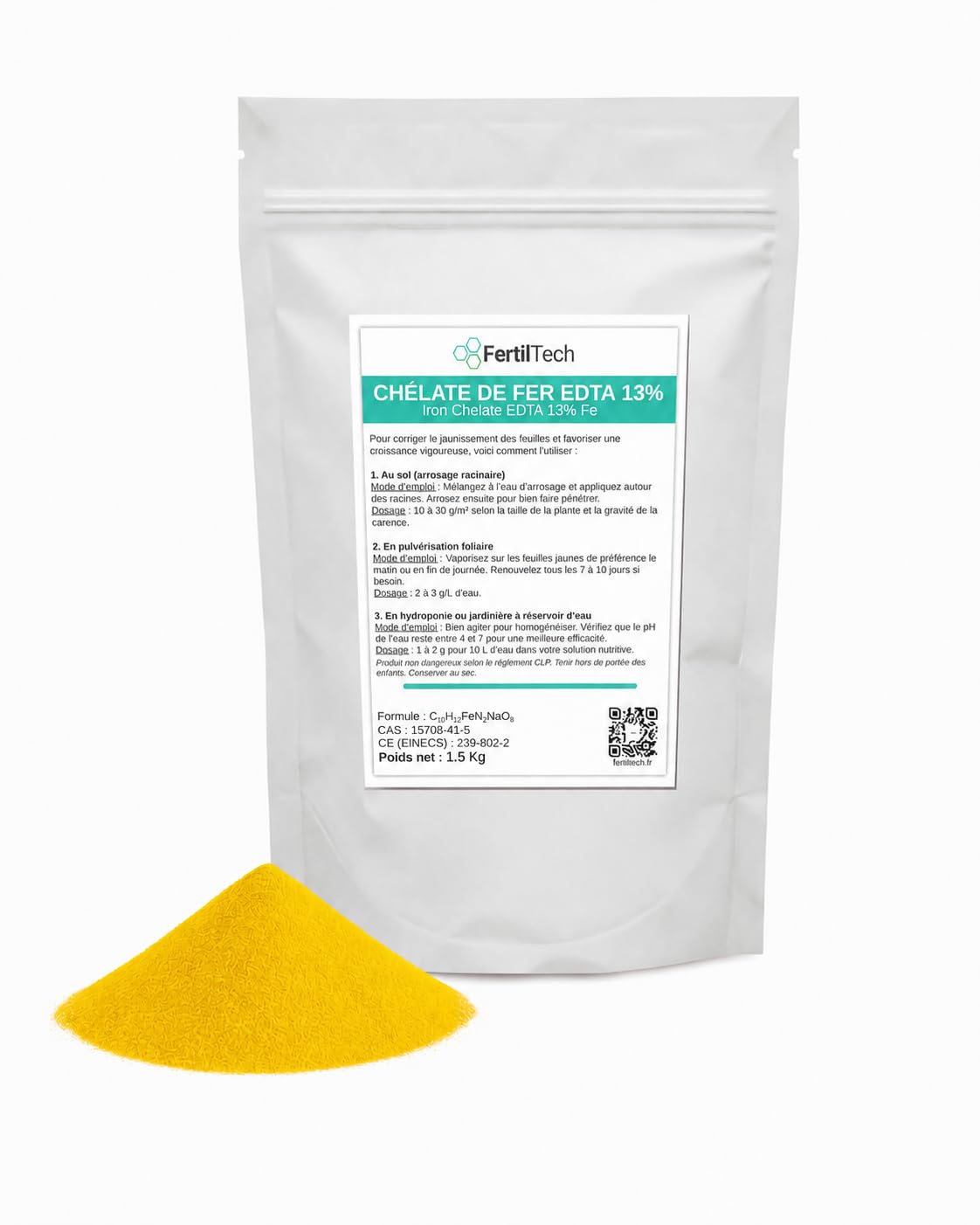 Chélate de Fer EDTA 13% 1.5 kg – Anti-Chlorose pour Plantes et Gazon – Engrais Foliaire Soluble – Corrige les Carences en Fer – Jardin, Feuilles Jaunes, Potager, Arbustes, Hydroponie