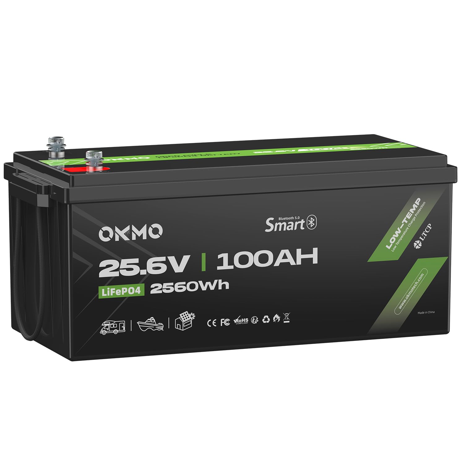 OKMO 24V 100Ah LiFePO4 Lithium Battery with Bluetooth for Marine, Trolling Motor, RV, 10 Years 15000+ Deep Cycles, 25.6V Iron Phosphate for Home Solar Energy Storage Off-Grid