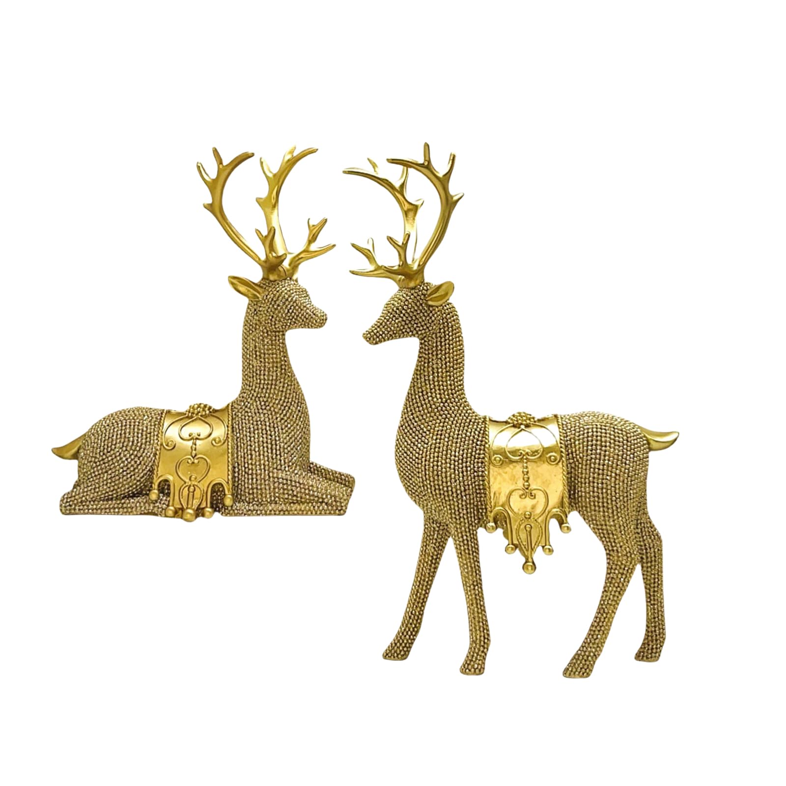 Piceioep Gold 2Pieces Shimmering Reindeer Figurines Resins Deer Standing Sitting Animal Sculpture Ornaments For Christmas Decors