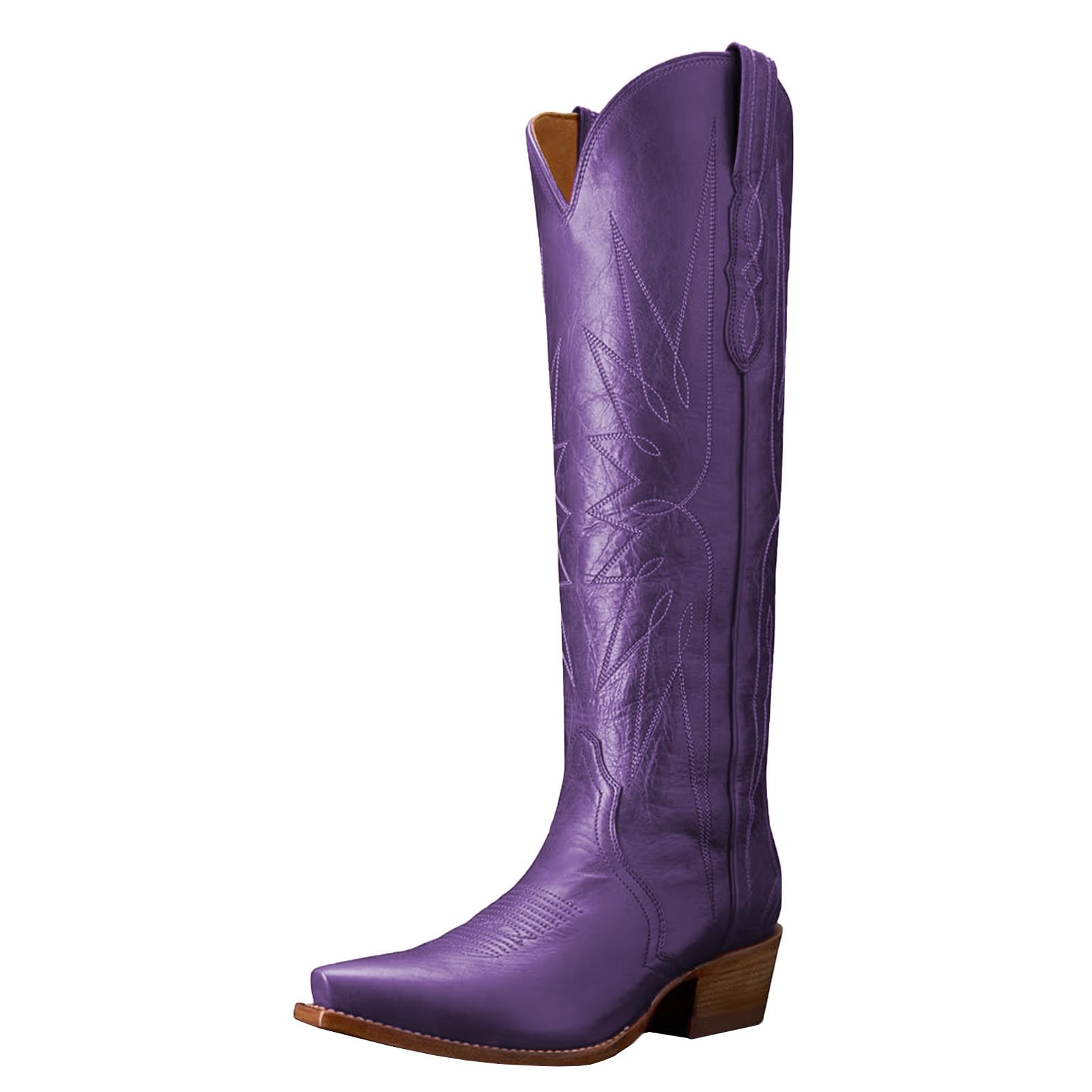 Womens Cowboy Boots Pointed Toe Chunky Heel Embroidered Stitched Pull - On Rodeo Knee High Boots