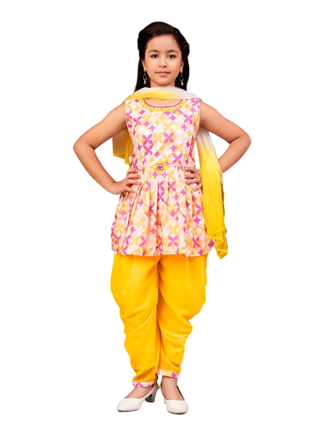 Aarika Girls Ethnic Wear Yellow Colour Floral Print Beads Embroidery Cotton Blend Dhoti Kurta Set With Dupatta-4-9 Years (Dh-Shm-5017)
