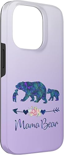 Miniatura 3 de Funda para iPhone 14 Pro, diseño floral de mamá oso y dos cachorros color verde azulado y morado