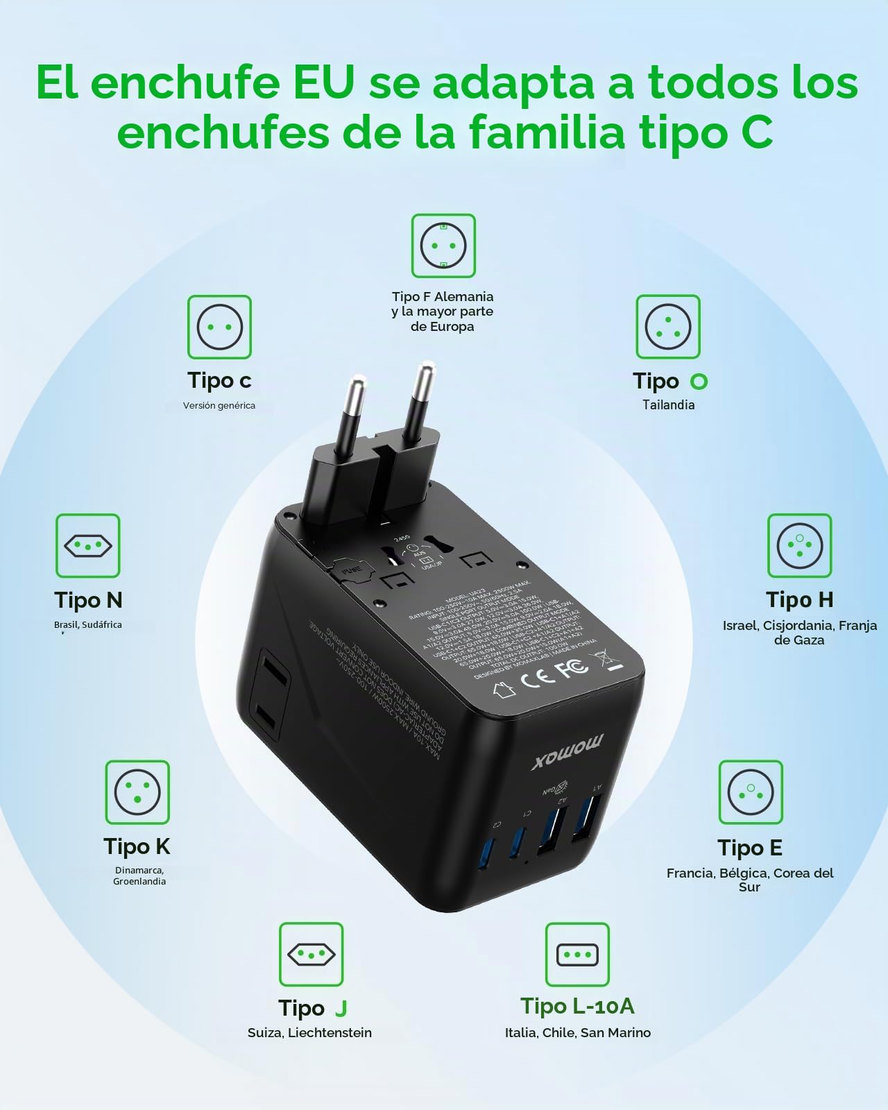MOMAX Adaptador Enchufe Universal, 100W GAN Enchufe Universal con 2 USB C y 2 USB A, Adaptador Universal Enchufe Viaje, Adaptador de Viaje para Inglaterra, EE. UU., Japón, Tailandia y Australia