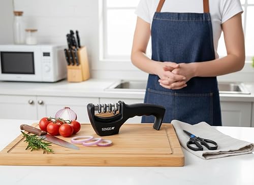 Miniatura 5 de Herramienta de afilado manual 4 en 1 para cuchillos y tijeras afilador de mano de 4 etapas con pasos de cerámica y acero para reparar, afilar, pulir