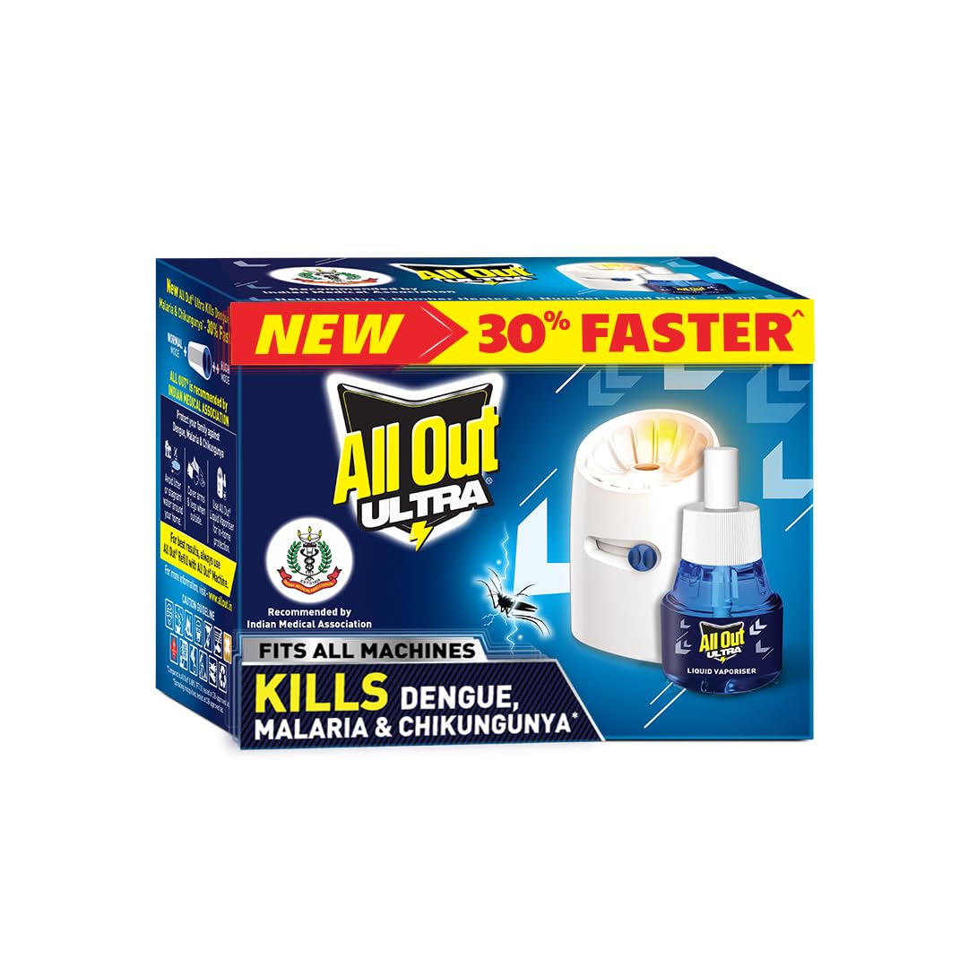 All Out Ultra Liquid Vaporizer, Machine + 1 Refill (45ml) | Kills Dengue, Malaria & Chikungunya Spreading Mosquitoes| India's Only Mosquito Killer Brand Recommended by Indian Medical Association