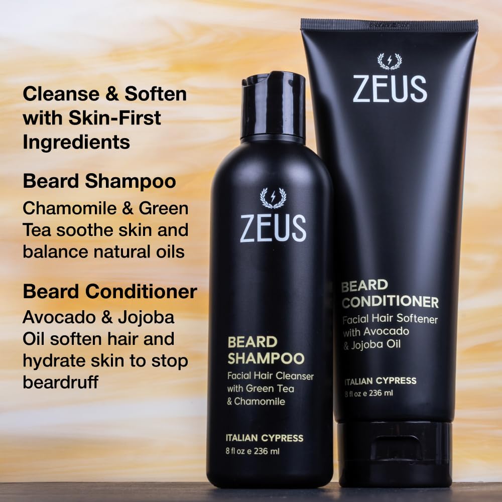 ZEUS Starter Beard Wash & Beard Oil Kit for Men, Softens, Hydrates & Moisturizes Facial Hair, Promotes Healthy Growth & Shine (Made In USA) Italian Cypress
