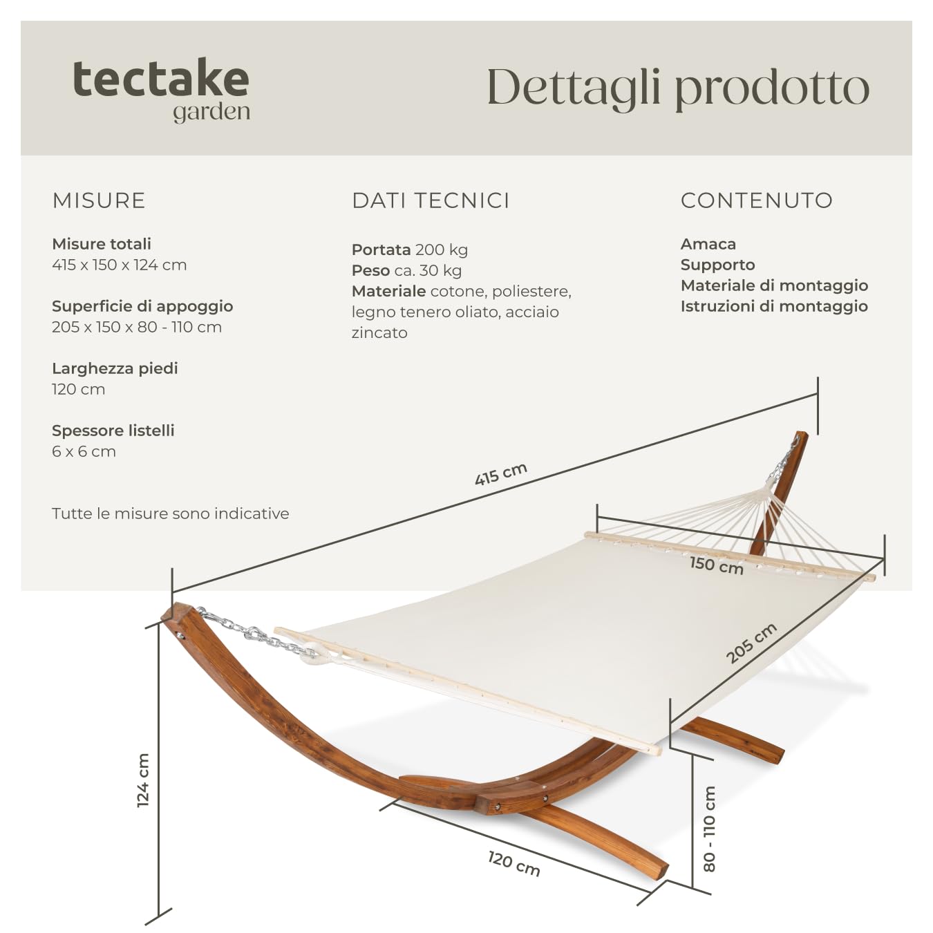 tectake® Amaca XXL Regolabile in Altezza, Comoda Amaca Matrimoniale, Amaca con Supporto in Legno, Design Elegante, Capacità di Carico Fino a 200 kg - Bianco