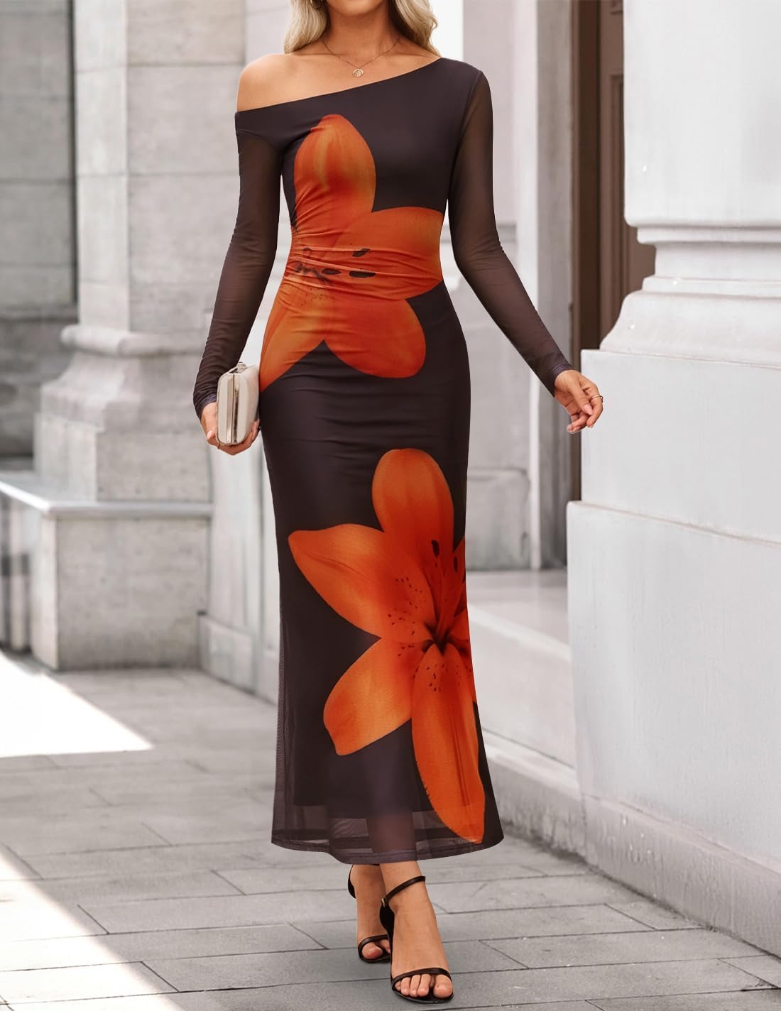 ZESICA Women's Long Sleeve Floral Maxi Dress 2026 Fall Off Shoulder Bodycon Ruched Mesh Cocktail Wedding Guest Dresses - Image 3