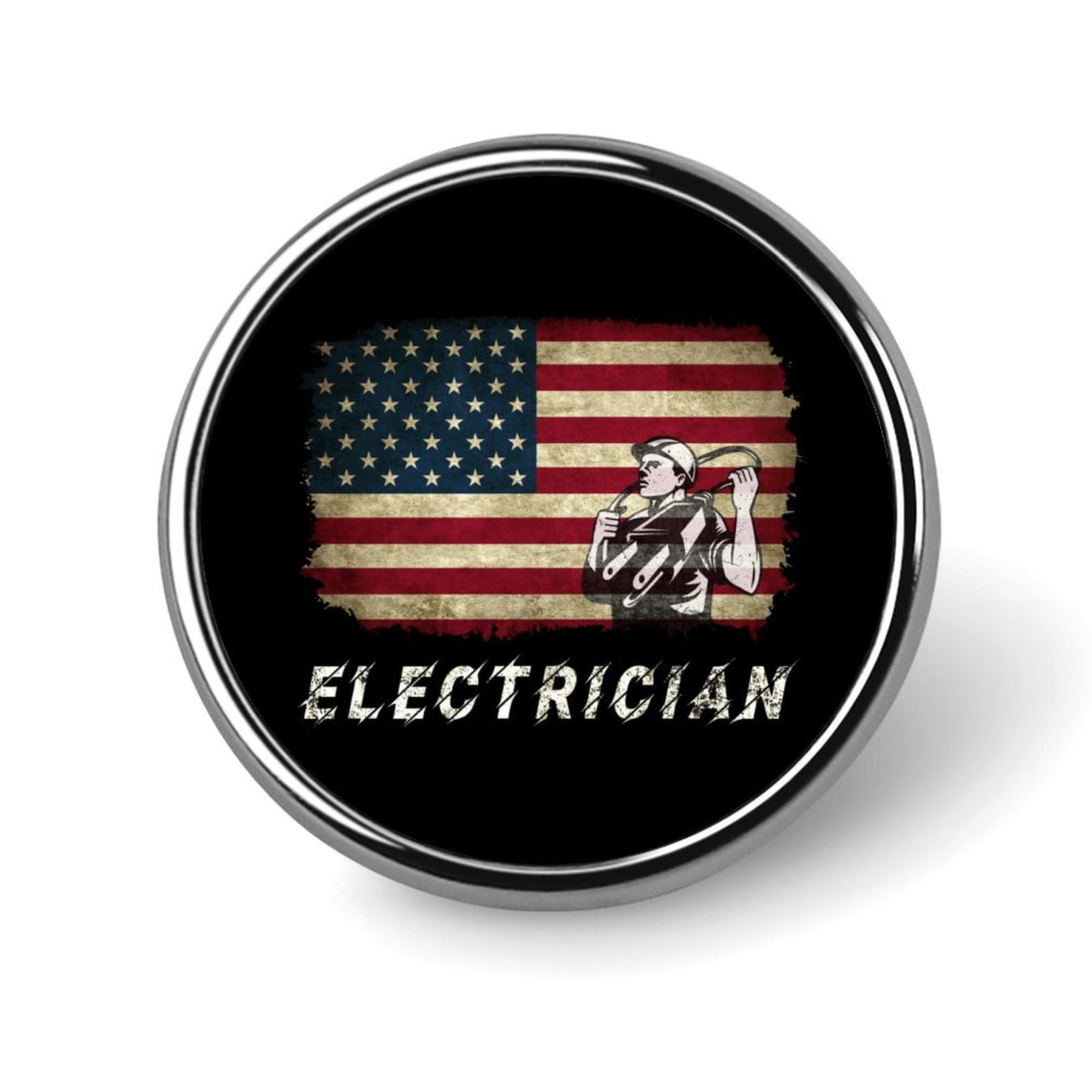 America Flag Electrician Theme Round Metal Badge Lapel Pin,Stylish Patriotic Pattern Button Brooch Decorative Badges for Men Women