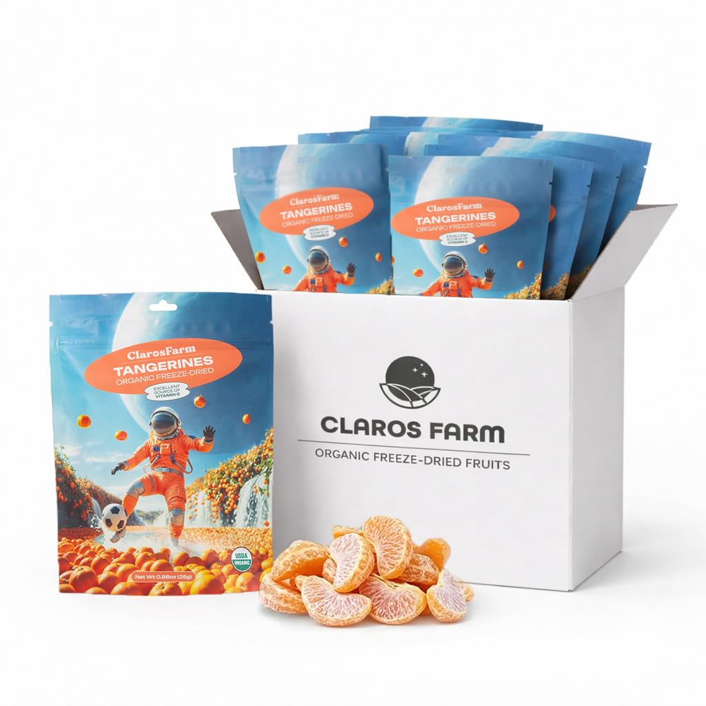 Claros Farm Organic Freeze Dried Tangerines (10 x 25g Pack) — Freeze Dried Fruit Packets — Healthy Freeze Dried Food — Vegan, Gluten-Free Organic Dried Fruit — Crunchy & Healthy Snack Pack
