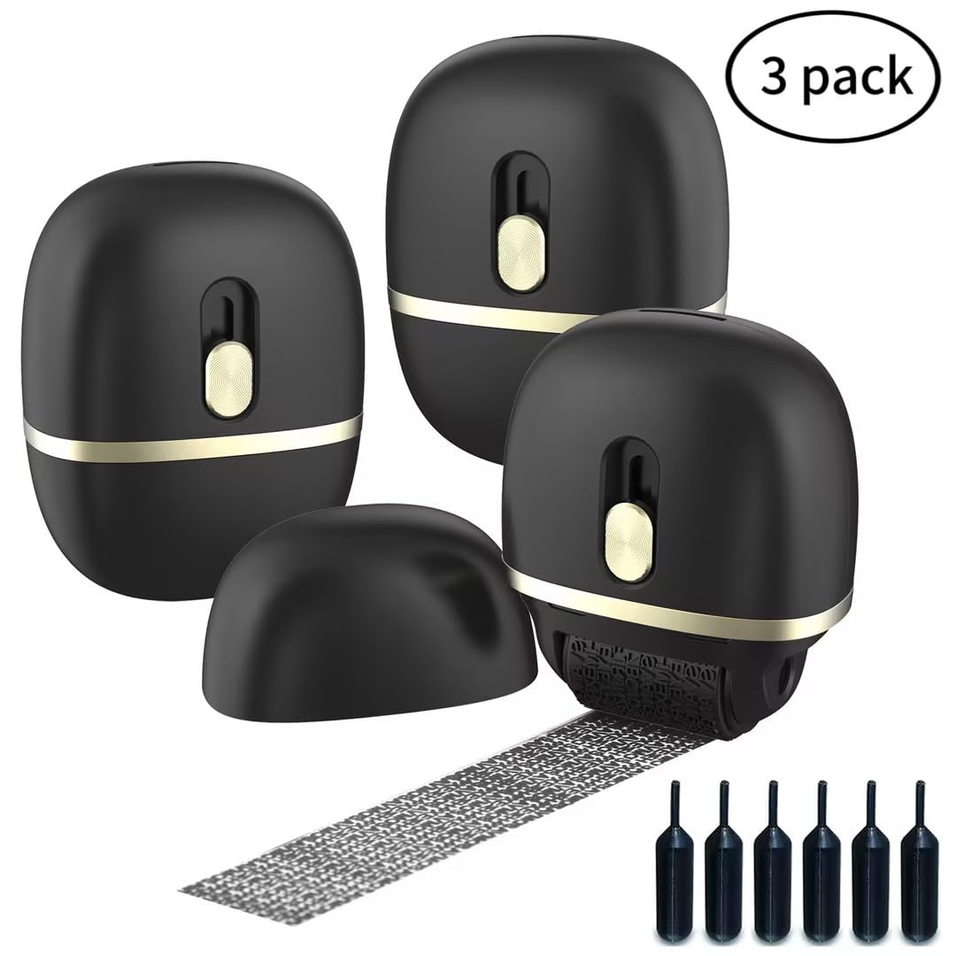 Lomil Wide Identity Theft Protection Roller Stamp Set 3 Pack - Privacy Confidential for ID Blockout with 6 Refills Address Blocker(Black)