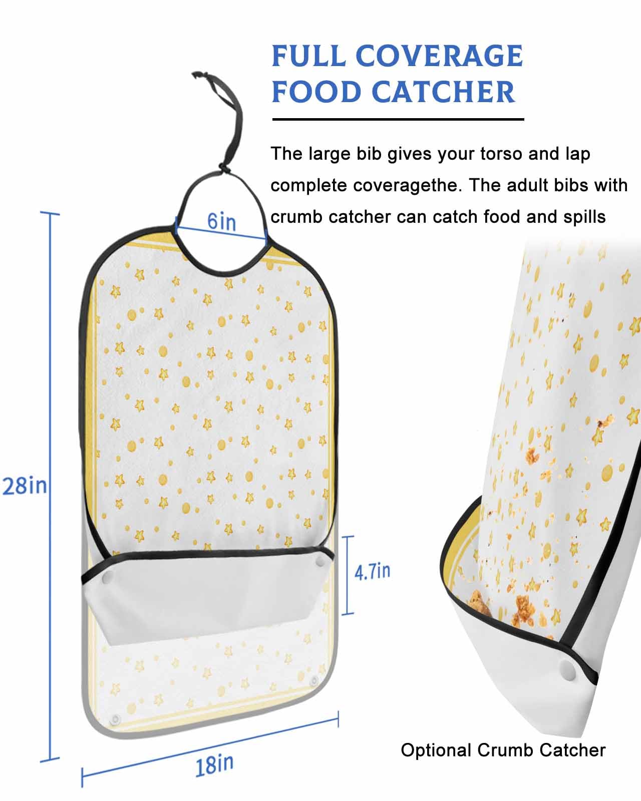 LEOKOTI Yellow Star Adult Bibs for Eating, Waterproof Bibs with Food Catcher & Adjustable Snap Closure, Watercolor Yellow Polka Dots Washable Clothing Protectors Adult Bibs for Elderly Women/Men
