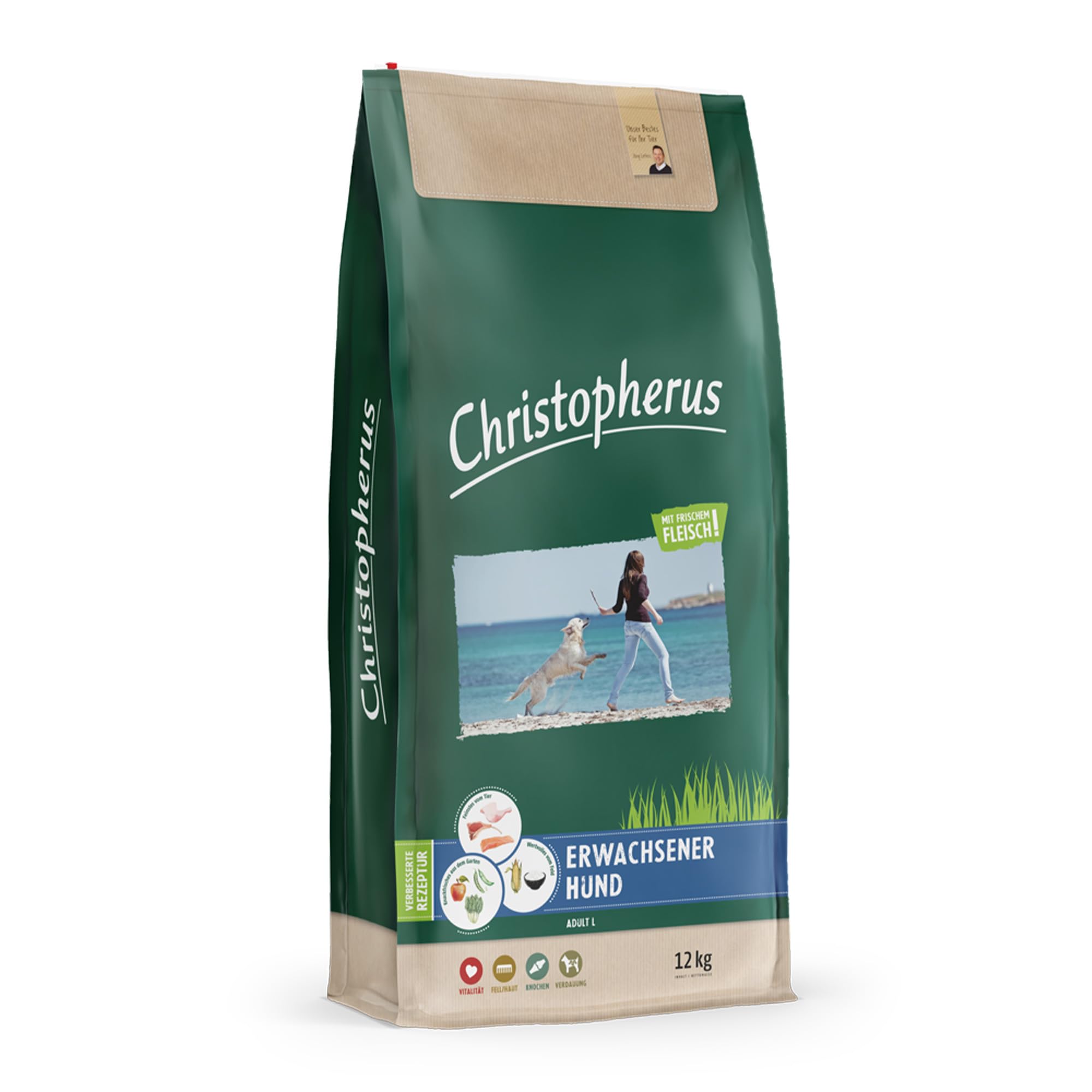 Christopherus Trockenfutter für Erwachsene Hunde mittlerer bis großer Rassen, Alleinfutter für Hunde, Geflügel + Lamm, 12 kg