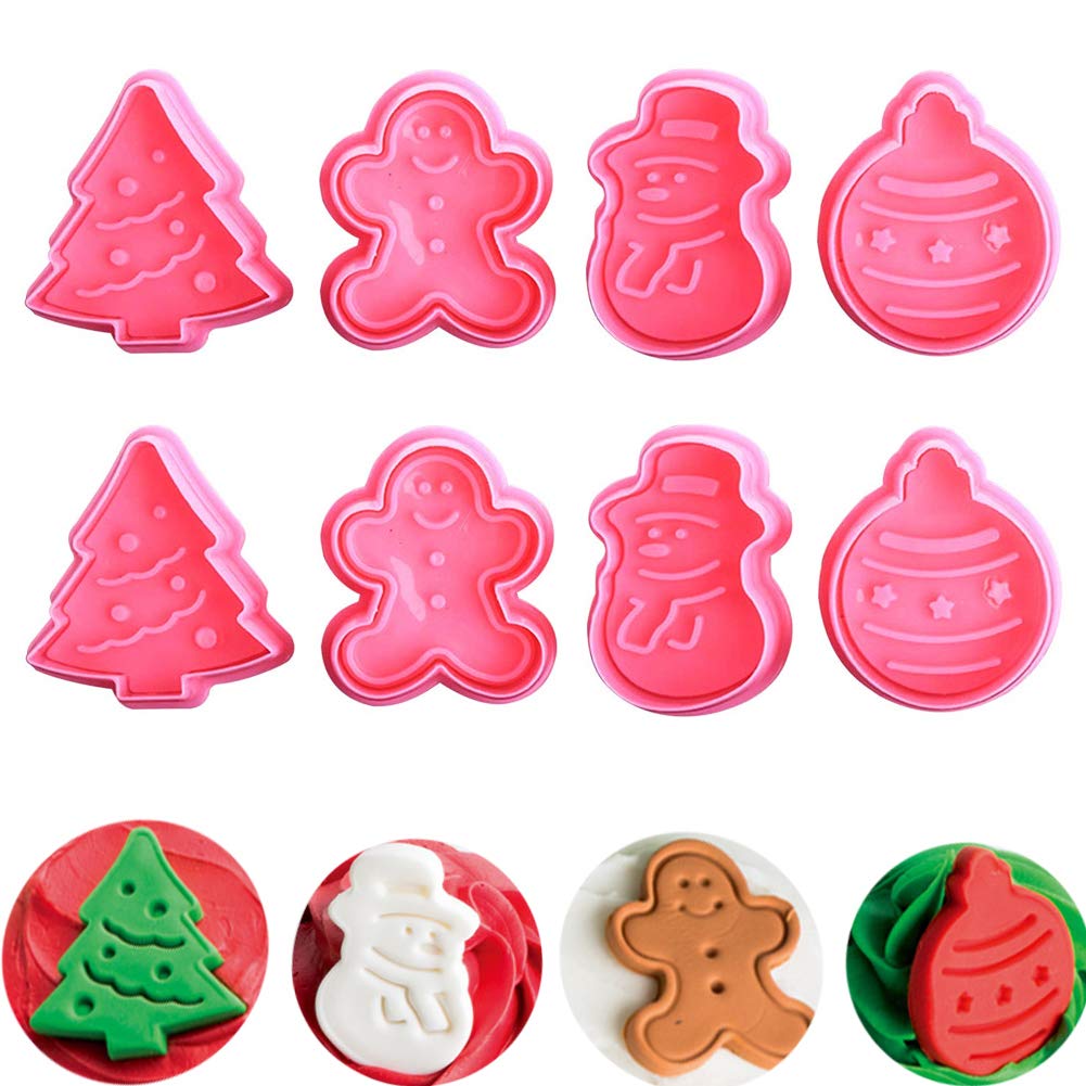Luckycivia 8 PACK Christmas Cookie Cutters Fondant Stamper, Pastry Cutter, Christmas Tree, Snowman, Gingerbread and Egg Stamper, Direct Embossing, Spring-loaded Handle Cutter Set
