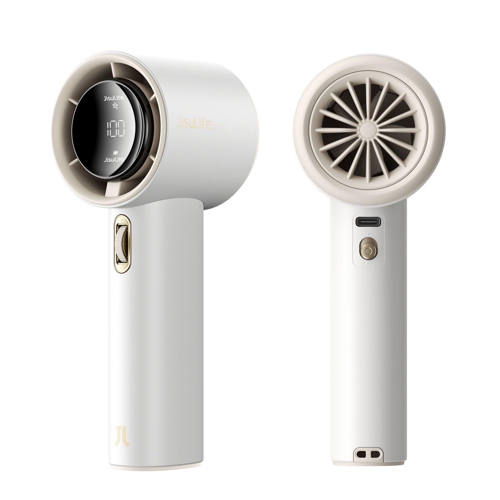JISULIFE Ventilatore Portatile a Mano, Mini Turbo Ventilatore Regolabile in Velocità (1-100), Batteria Ricaricabile da 3600mAh Con Display Digitale,Viaggi/Campeggio/All'aperto-Bianco