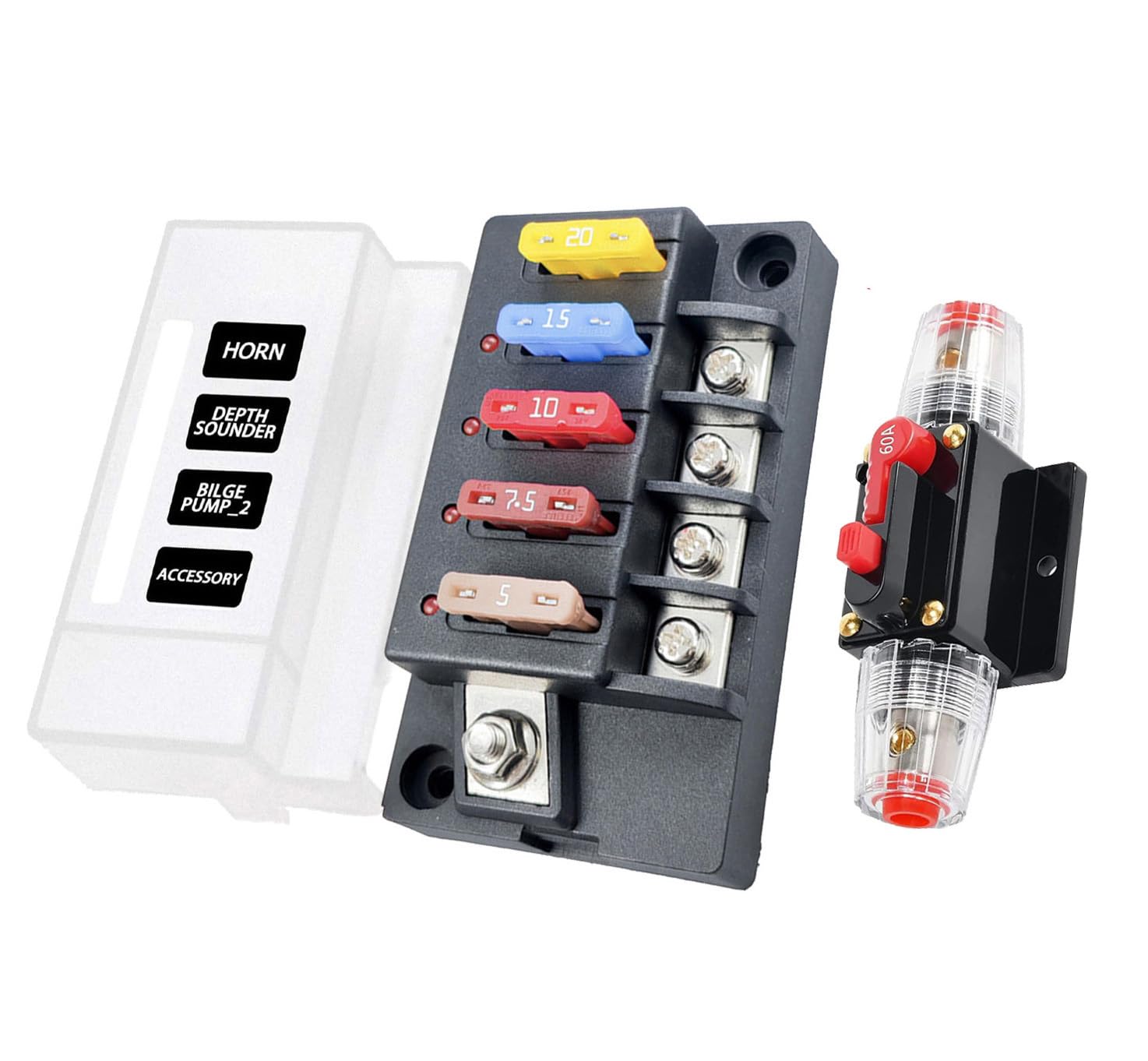 Fuse Box, 12V Fuse Block with 60 Amp Circuit Breaker, Marine Automotive Inline Fuse Holder Switch Blocks Replacement Kit - LED Indicator&Damp-Proof Waterproof Cover, 3-15 AWG 60A Reusable