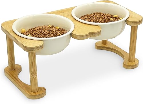 Fhiny Cuencos de cerámica para perros con soporte de madera, 2 cuencos elevados para comida y agua para gatos, antideslizantes y protegen la columna