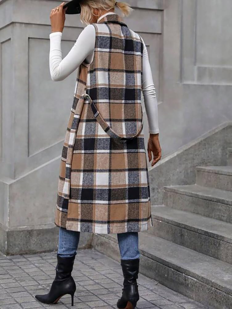 IDEALSANXUN Womens Long Plaid Vest Fall Winter Sleeveless Blazer Jackets Open Front Cardigan - Image 3