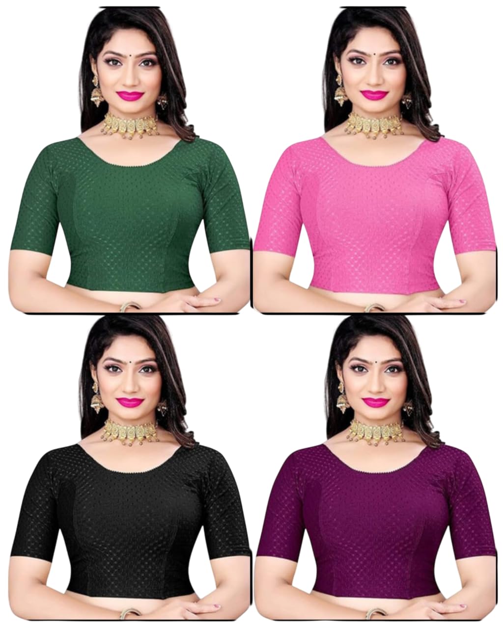 V.R. Traders Women’s Stretchable Cotton Blend Saree Blouse Pack of 4 (Green, Pink, Black, Maroon) | Dobby Solid Readymade Blouse | Half Sleeve Round Neck Casual Ethnic Blouse-picture-39