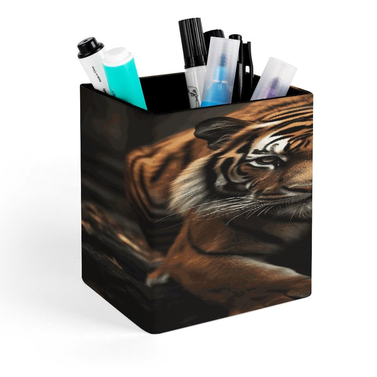 FekiLoot Wild Animals Tiger Pen Holder Personalized Desktop Pencil Holders Case Office Accessories Container Box for Square Pen Cup Desktop Organizer Makeup Brush Holder Caddy Storage