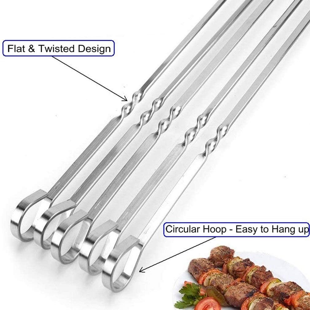 12PCS Kabob Skewers Flat Metal BBQ Barbecue Skewers 16" Long Hook Style Stainless Steel Shish Kebob Sticks Wide Sharp Reusable Grilling Skewers Set for Meat Shrimp Chicken Vegetable, 12 Pack