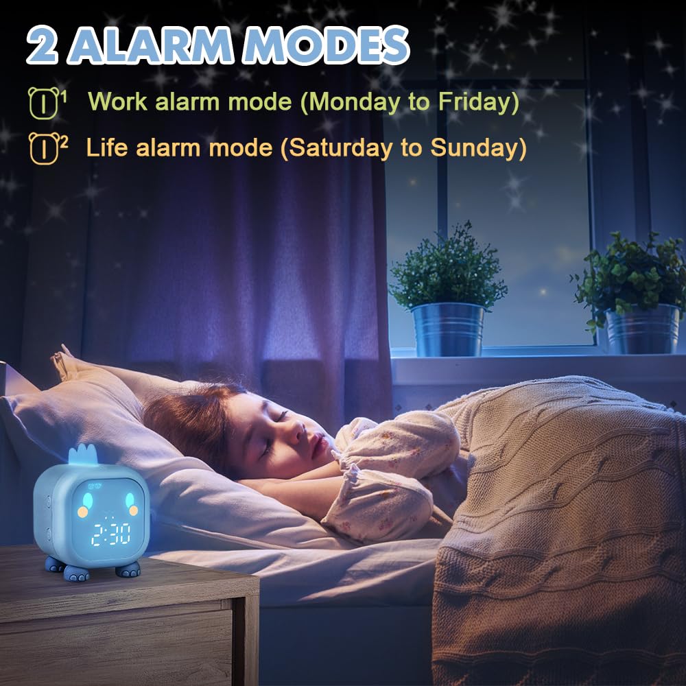 Reloj Despertador para niños, Despertador Digital con luz Nocturna, función de repetición y Temporizador, Control De Voz USB Reloj Despertador de Dinosaurio para niños y niñas (Azul)