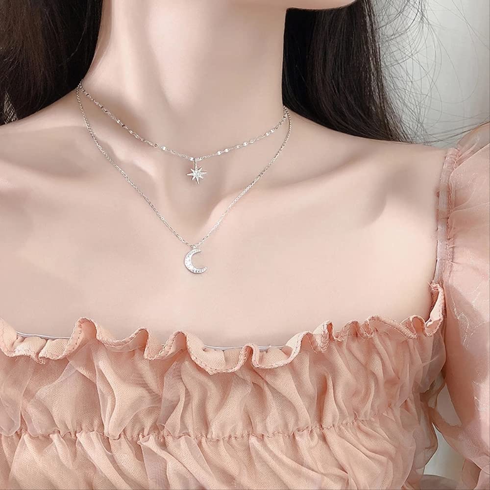 S925 Stern Mond Doppel Halskette Frauen Schlüsselbein Kette Glänzende Diamant Schmuck Zubehör