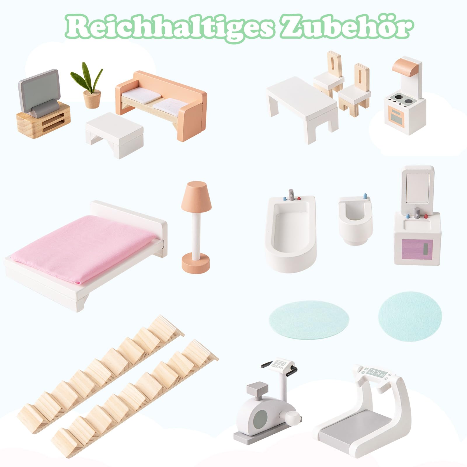 GOPLUS Holzpuppenhaus, 3-stöckiges Puppenhaus mit Möbeln und Zubehör, Puppenhaus für Kleinkinder mit doppelseitigen Dächern, öffnenden Türen, Holzleitern, Kinder ab 3 Jahren