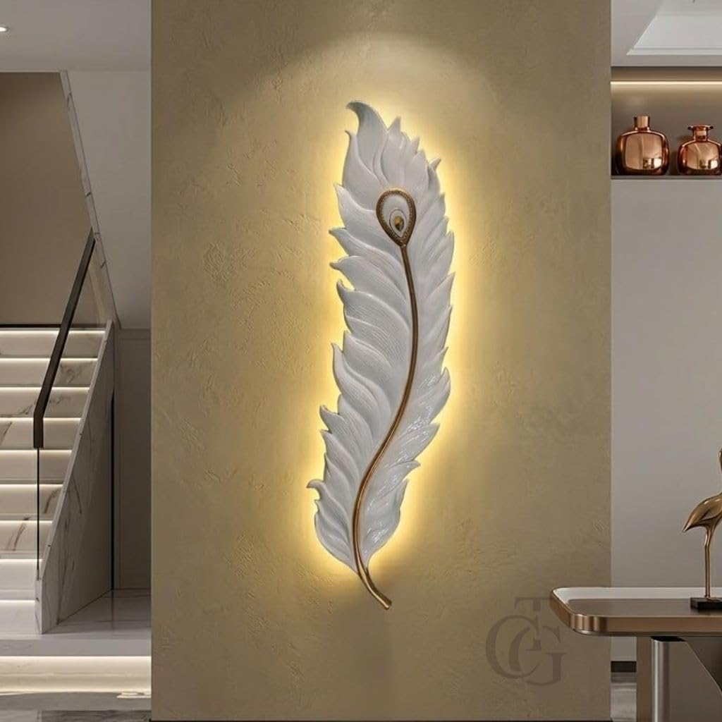 Designer Krishna Peacock 650mm Feather 3-Color LED Wall Sconce|Decorative Mor Pankh Wall Light for Living Room, Bedroom, Hallway & Home Décor|White-image-9