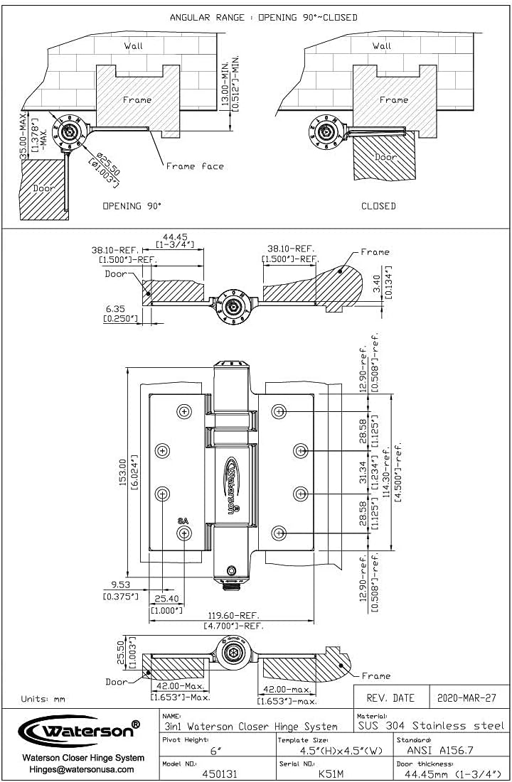 3 Pack 4.5 x 4.5 Inch Black Heavy Duty Commercial Door Hinges, UL Listed Fire Rated, Full Mortise - K51M-450-A3
