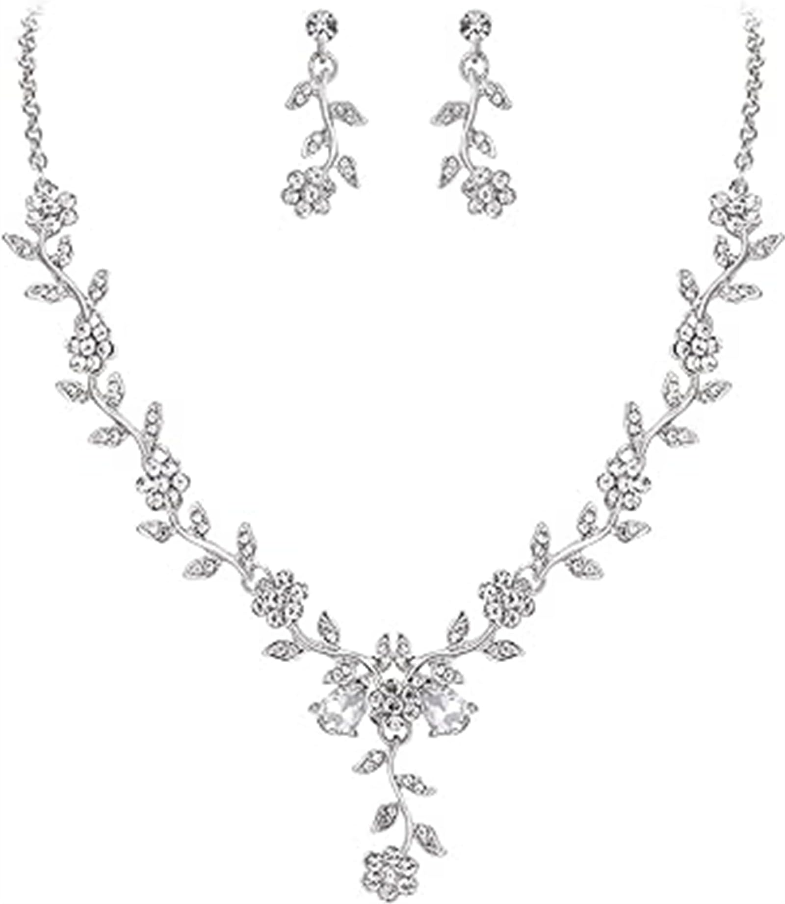 3Pcs Rhinestone Necklace Earrings Set Rose Flower Zircon Pendant V-neck Chain Fashion Drop Dangle Bridal Evening Dress Accessories for Women Silver/Clear