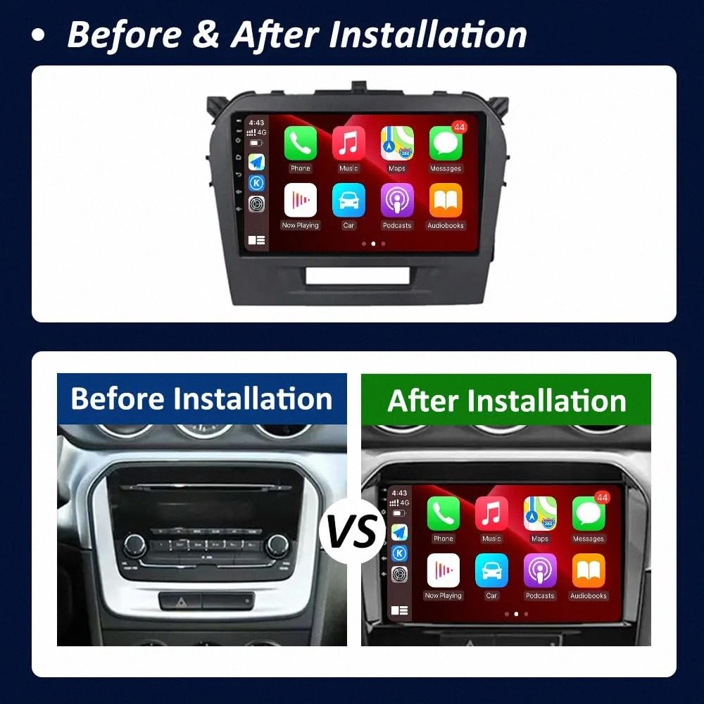Car Stereo Carplay Radio de Coche para Suzuki Vitara 2015-2019 Soporta Bluetooth, Control Volante, USB, WiFi, 4G, Mirror-Link, GPS Navegador/Radio FM, 4 Nuclear 1G+32G
