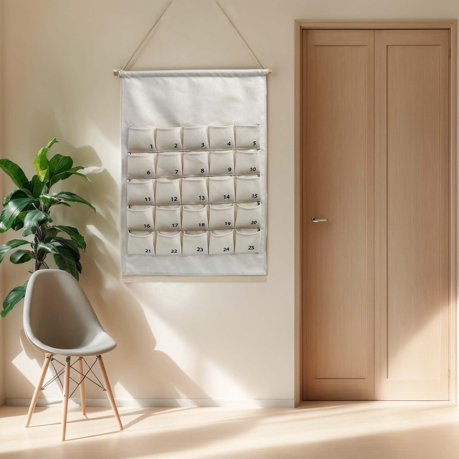 Calendario dell'Avvento natalizio in tessuto con 25 tasche, borsa riutilizzabile per conto alla rovescia naturale, da appendere, borsa riutilizzabile da appendere alla parete per la casa, con 25