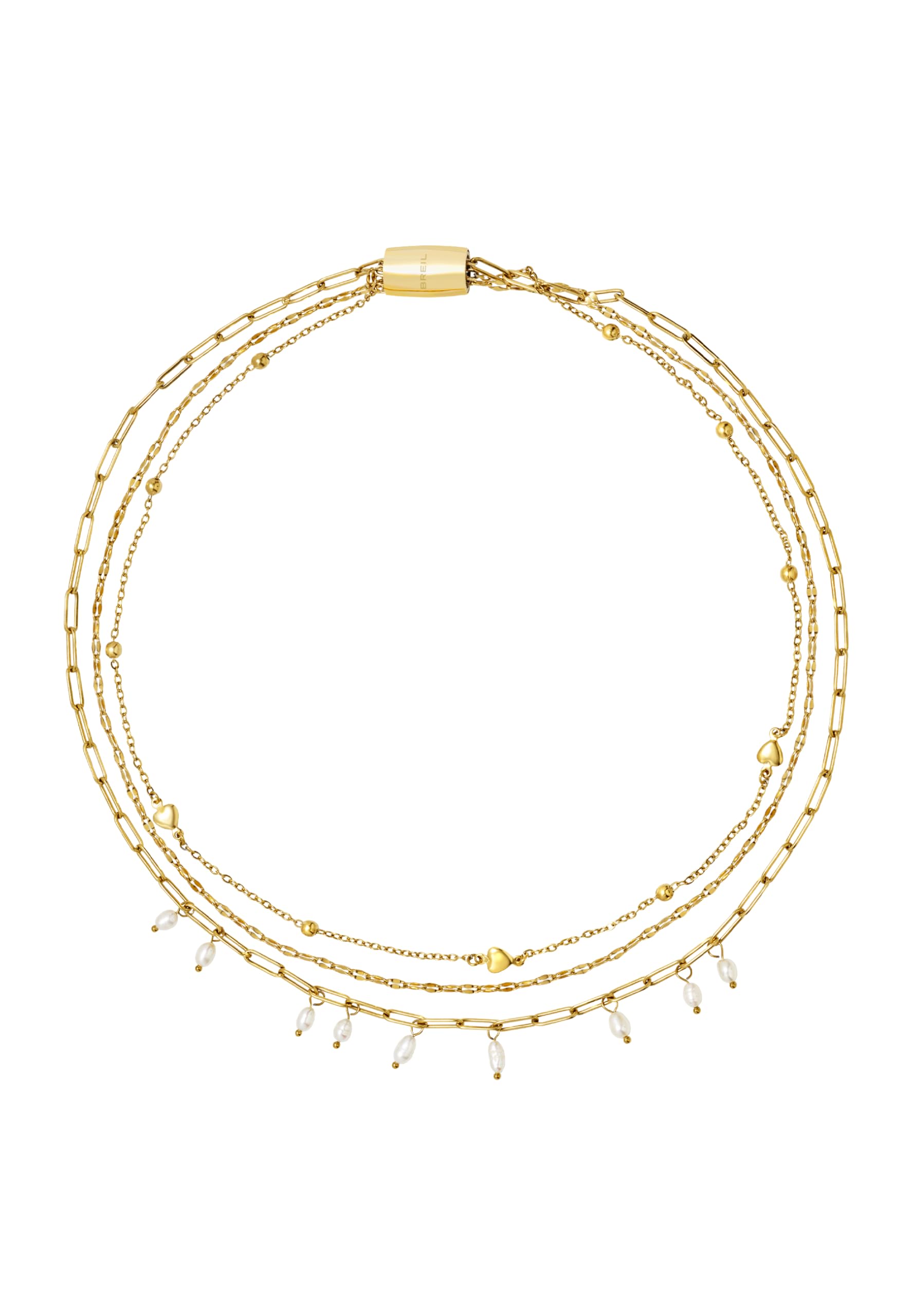 Breil, Collezione Magnetica System, Collana Donna Multigiro in Acciaio con Perle Pendenti Naturali ed Elementi a Forma di Cuore, Regolabile con Chiusura a Magnete, Idea Regalo Donne