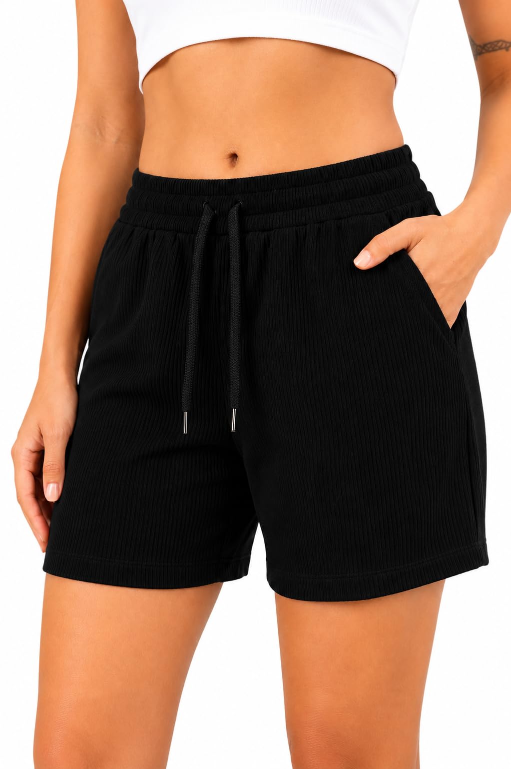 Women's Ribbed Knit Shorts | High Waist Drawstring Lounge Shorts with Pockets | Soft Stretch Casual Summer Shorts for Gym, Yoga, Running-image-43