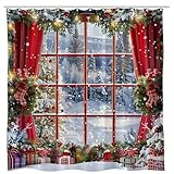 Merry Christmas Shower Curtain Winter Xmas Wreath Snow Scene Snowflake Rustic Forest Farmhouse Holiday New Year Window Bathroom Curtains Set Polyester Fabric with Hooks 70X70 Inch