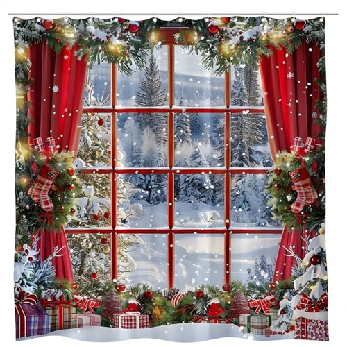 Merry Christmas Shower Curtain Winter Xmas Wreath Snow Scene Snowflake Rustic Forest Farmhouse Holiday New Year Window Bathroom Curtains Set Polyester Fabric with Hooks 70X70 Inch