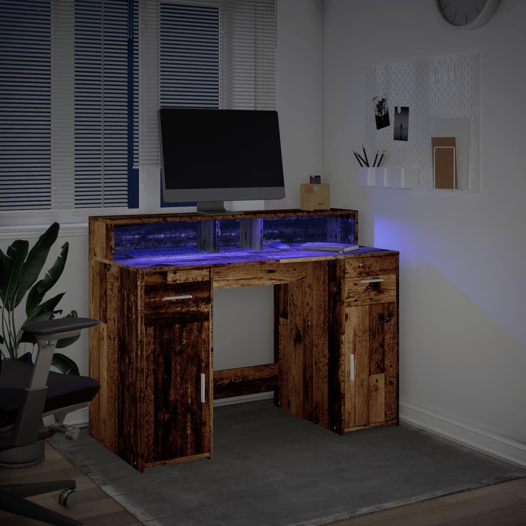 Bureau en Vieux Bois avec lumières LED RVB érgonomique pour Ordinateur PC Gamer Travail et étude Espace de Rangement Angle Pliable Hauteur réglable Assis Debout Chambre Salon étudiant Enfant