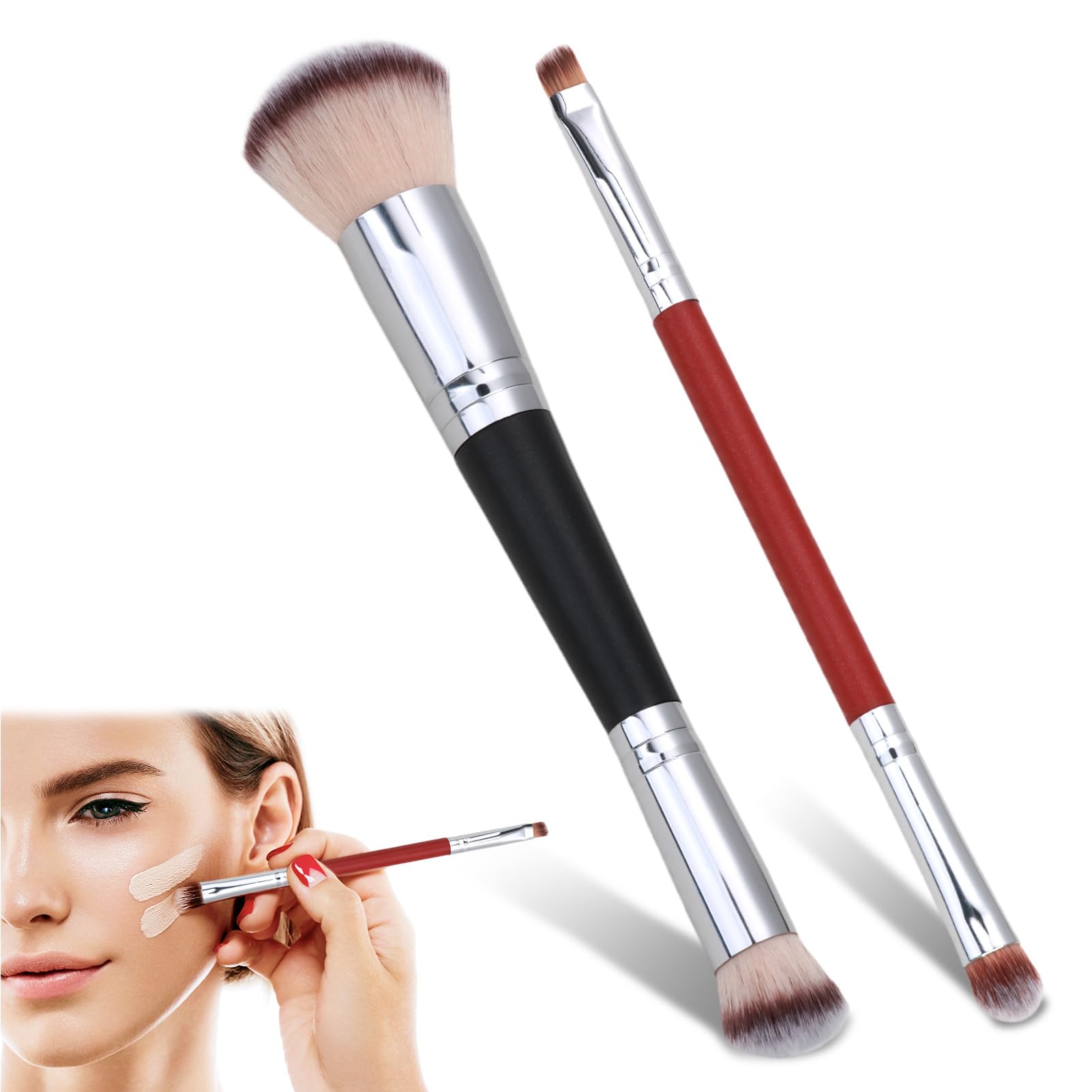 Caybats Set de Brochas de Maquillaje – 2 Brochas de Cara de Doble Punta para Base, Polvos, Corrector, Colorete, Contorno, Sombra de Ojos, Cejas – Mango Ergonómico, Cerdas Veganas